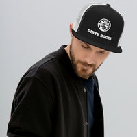 DIRTY ROGER® black and white trucker cap with white DR hard hat badge logo, front