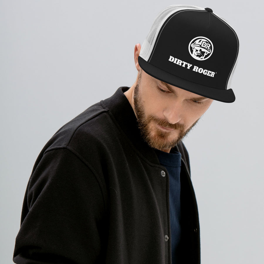 DIRTY ROGER® black and white trucker cap with white DR hard hat badge logo, front