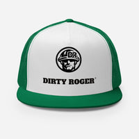 DIRTY ROGER® logo trucker cap in Kelly/White/Kelly, DR hard hat badge, front