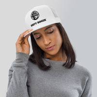 DIRTY ROGER® logo trucker cap in White, DR hard hat badge, front