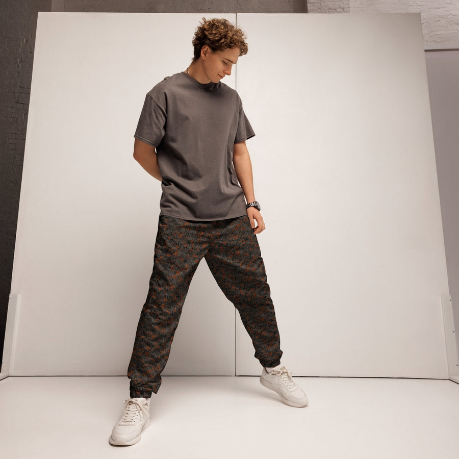 Blast Pattern Camo track pants by DIRTY ROGER®, night shift mining camo with drill-hole pattern, view 1