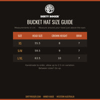 DIRTY ROGER reversible camo bucket hat size guide XS, S/M, L/XL head size in cm