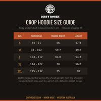 PBRA Gym Princess crop hoodie size guide S to 2XL, chest, width and length in cm