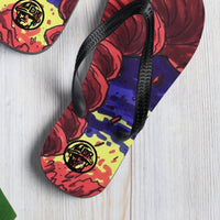 Pilbara Dust Thongs close-up of red dirt storm print and DR badge on heel