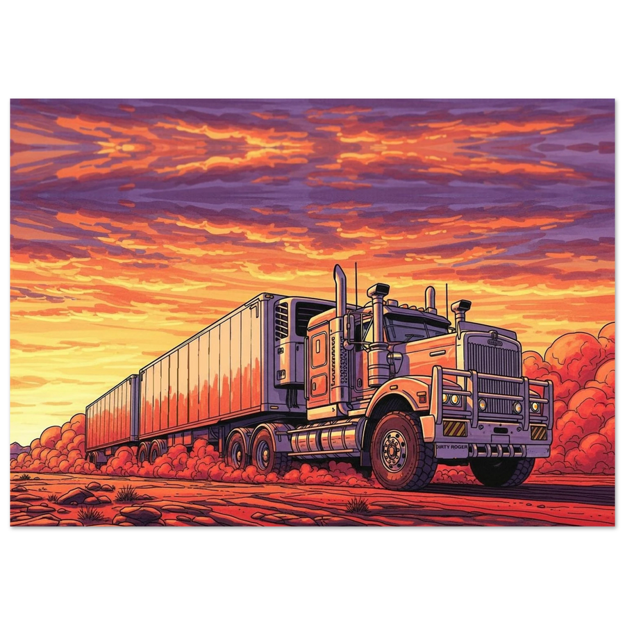 Last Light road train art print, outback sunset truck poster by DIRTY ROGER®
