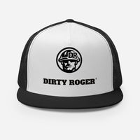 DIRTY ROGER® logo trucker cap in Black/White/Black, DR hard hat badge, front