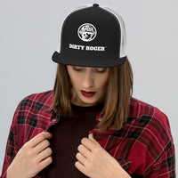 DIRTY ROGER® black and white trucker cap with white DR hard hat badge logo, front