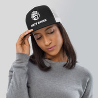 DIRTY ROGER® black and white trucker cap with white DR hard hat badge logo, front