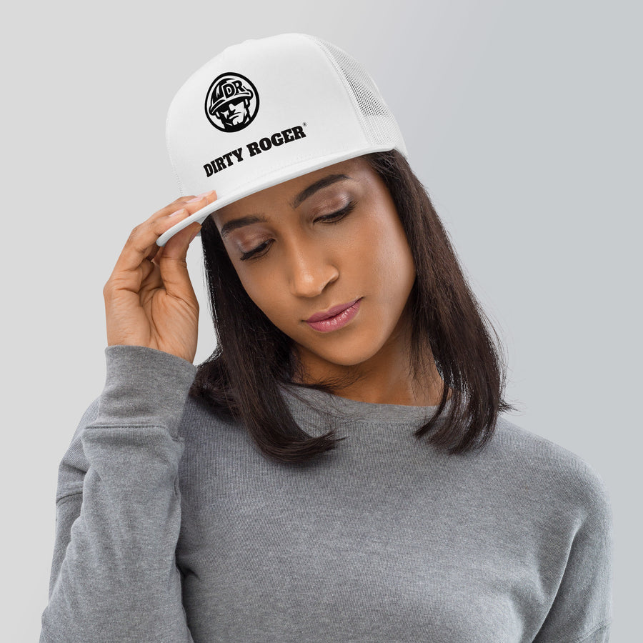 DIRTY ROGER® logo trucker cap in White, DR hard hat badge, front