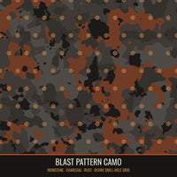 Blast Pattern Camo close-up in ironstone, charcoal and rust with ochre drill-hole grid