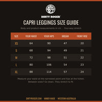 DIRTY ROGER camo capri leggings size guide XS to XL, waist, hips, inseam and rise in cm