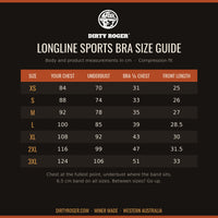 PBRA Gym Princess longline sports bra size guide XS to 3XL, chest and underbust in cm