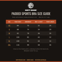 PBRA Gym Princess padded sports bra size guide XS to 2XL, chest and underbust in cm