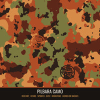 Pilbara Camo pattern close-up in red dirt, ochre, spinifex, rust and ironstone with hidden DR badges