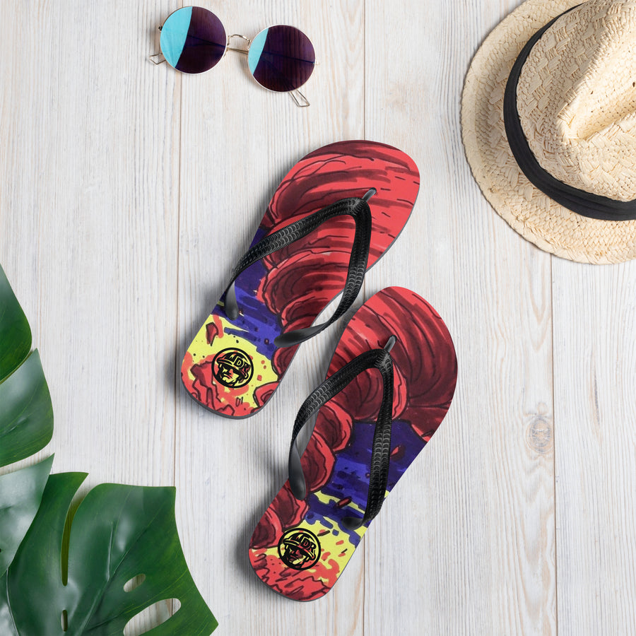 Pilbara Dust thongs by DIRTY ROGER®, red dirt storm print with DR badge on heel