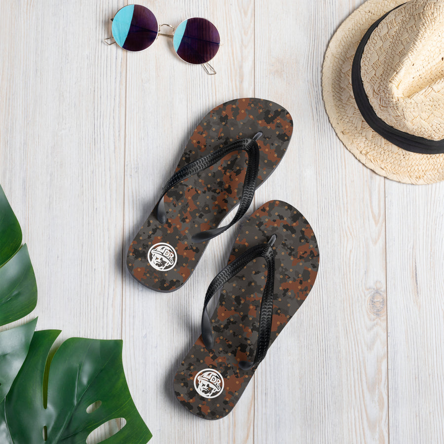 Blast Pattern Camo thongs by DIRTY ROGER®, night shift camo flip flops with DR badge