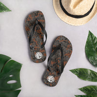Blast Pattern Camo thongs by DIRTY ROGER®, night shift camo flip flops with DR badge, view 2