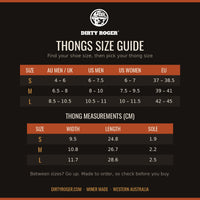 DIRTY ROGER thongs size guide with AU, UK, US and EU sizes and measurements in cm